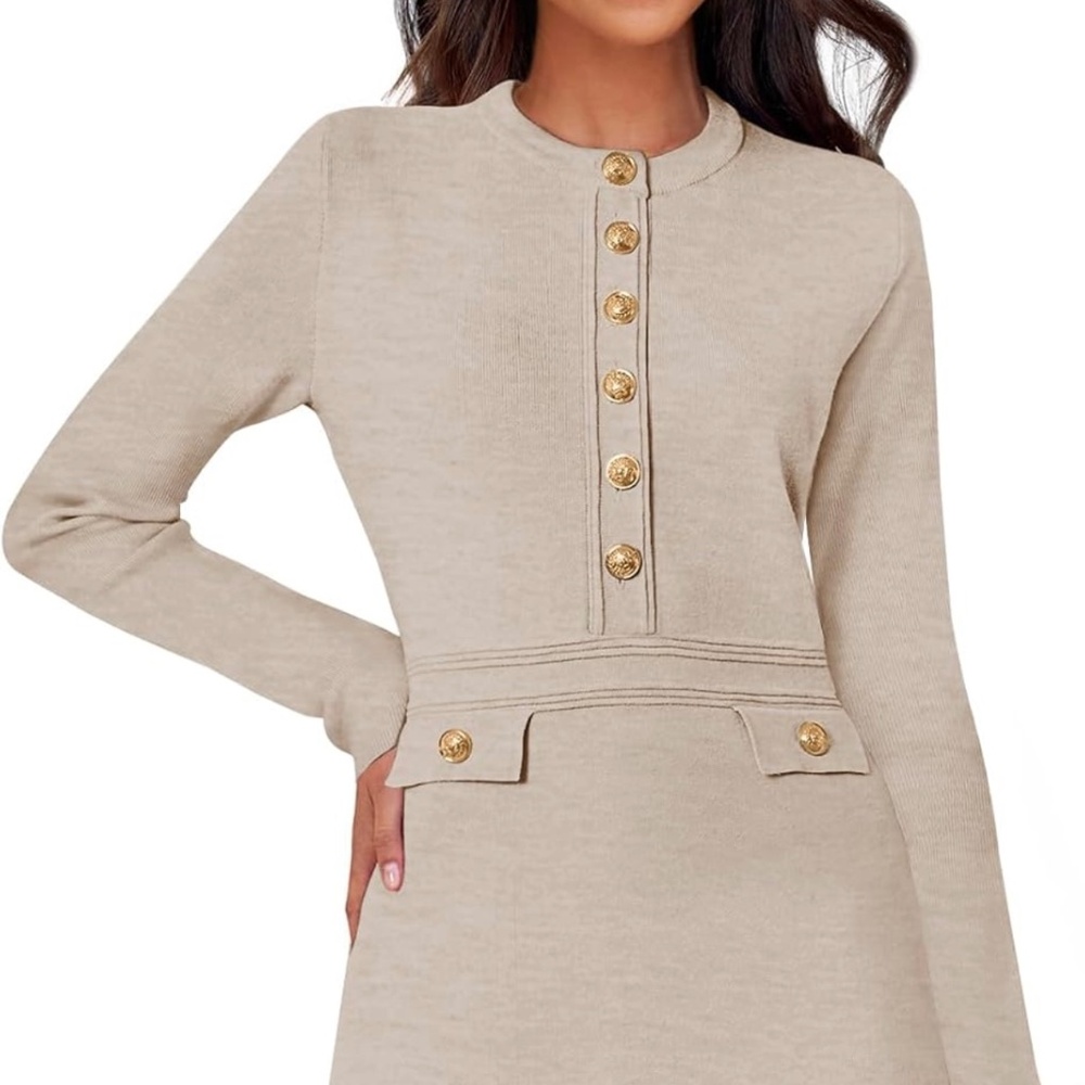 NWT Merokeety Tan Kneelength Sweater Dress with Gold Decrative Buttons - size L